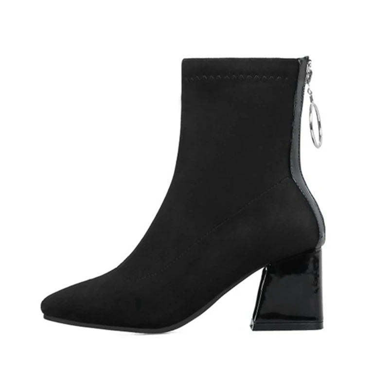 REAVE CAT/Зимние ботильоны; женская обувь с острым носком из искусственной замши; толстый каблук; молния; Botas feminino mujer; черный цвет; Высокий каблук; A1354 - Цвет: Black