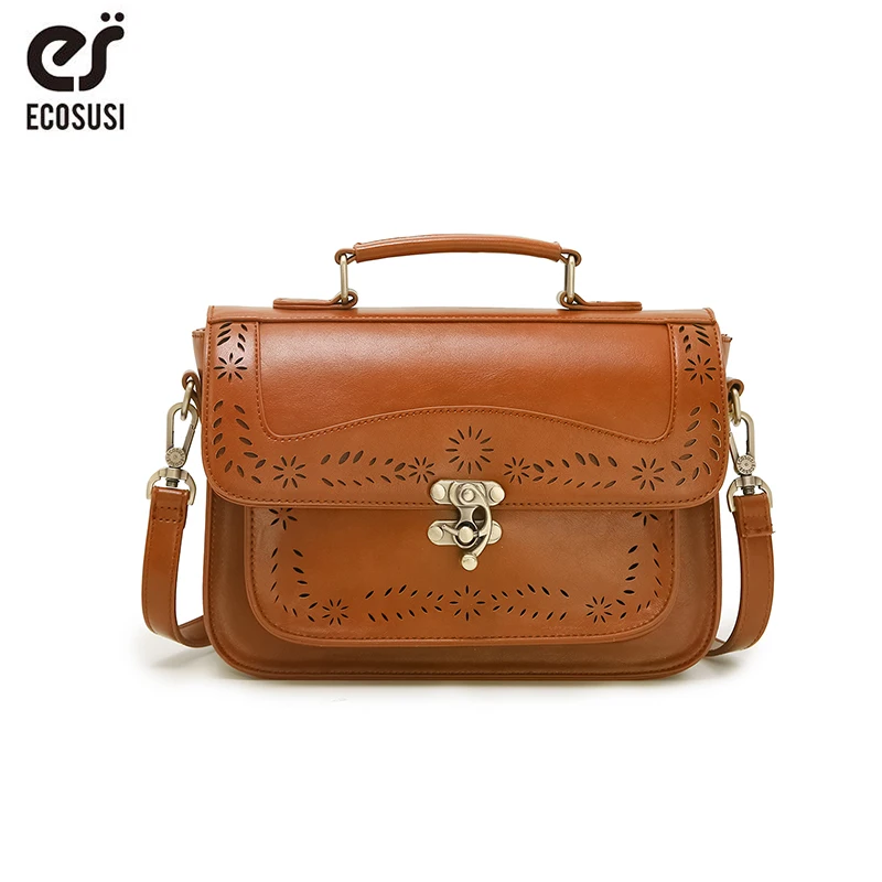 

ECOSUSI 10.7 Inch Messenger Bag Women Hollow Women's Shoulder Bags PU Leather Bag Vintage Handbag Ladies Crossbody Bag Retro Bag