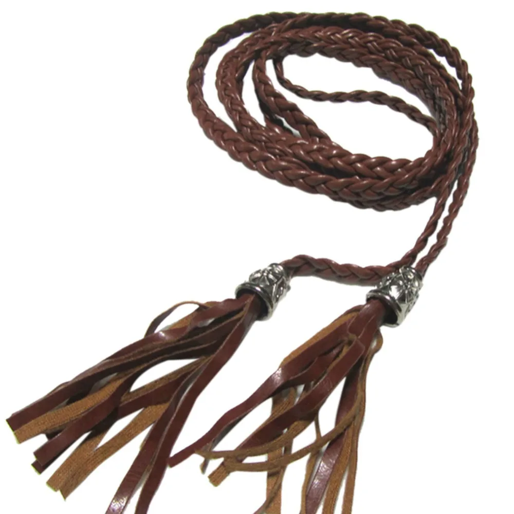 Buy Women Thin Long PU Leather Woven Belt Tassel Clothing Waist Strap Braided