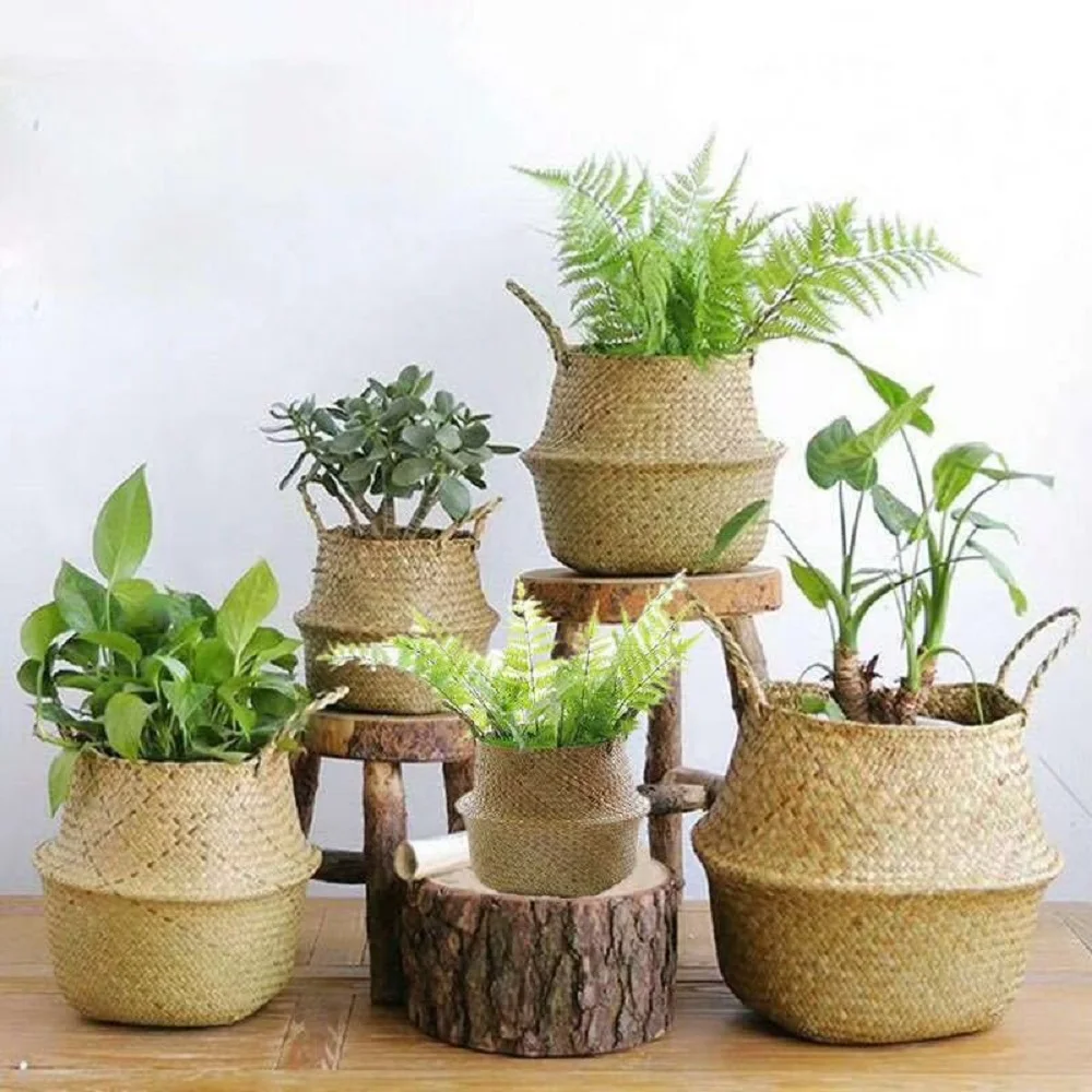 

Handmade Woven Storage Baskets Foldable Laundry Straw Wicker Baskets Natural Rattan Seagrass Garden Flower Pot Planter Basket