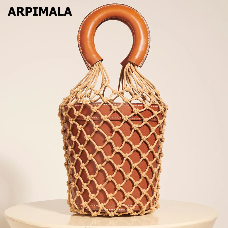 

ARPIMALA Women Net Bag Luxury Designer Bucket Handbags Fashion Hollow Out Leather Tote Summer Travel Beach Bag Female Hand Bags