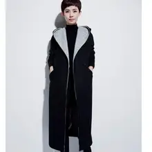 Большой Воротник Капюшоном Шерстяное Пальто Зимнее Пальто Женщин Негабаритных Шерстяной Жакет Свободный Стиль Плюс Размер X-Long Зимнее Пальто