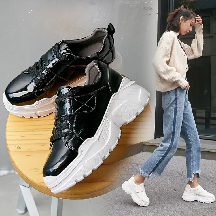 New Spring Women Flat Platform sneakers Shoes Patent leather Lace-up Woman Casual Shoes sport Flats Moccasins creepers