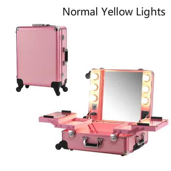 

Pink Normal Yellow Lighted Rolling Makeup Case Studio Cosmetic Station Portable Bag for Cosmetics with bulbs without Legs