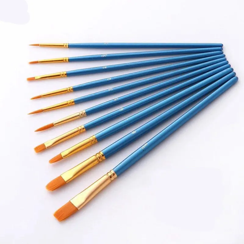 10pcs/set DIY Kids Watercolor Gouache Paint Brushes Round Pointed Tip Nylon Wooden Hair Oil Painting Brush Pen Set Art Supplies