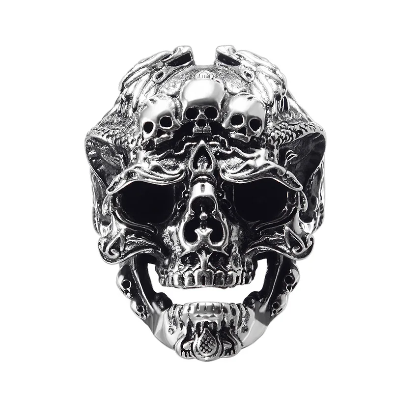 

Retro Men's Punk Black Evil Dragon Skull Ring Domineering Men's Rock Motorcycle Rider Double Dragon Taro Adjusting Ring Jewelry