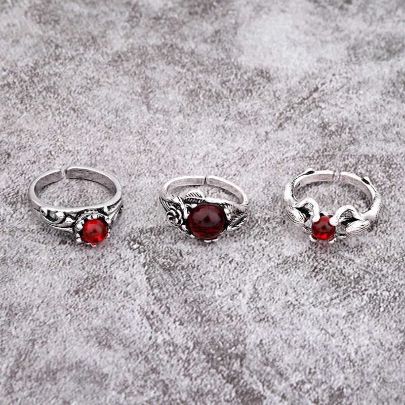 1PC Classical Glitter Red Store Open Ring Women Personality Vintage Metal Carving Pattern Bead Finger Ring Jewelry Gift R170