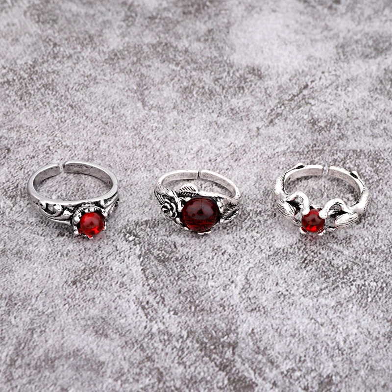 

1PC Classical Glitter Red Store Open Ring Women Personality Vintage Silver Carving Pattern Bead Finger Ring Jewelry Gift R170