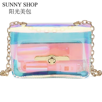 

SUNNY SHOP Fashion Women Crossbosy Bag Small Mini Chian Handbag Laser Transparent Bag PVC Jelly Shoulder Bags Cute