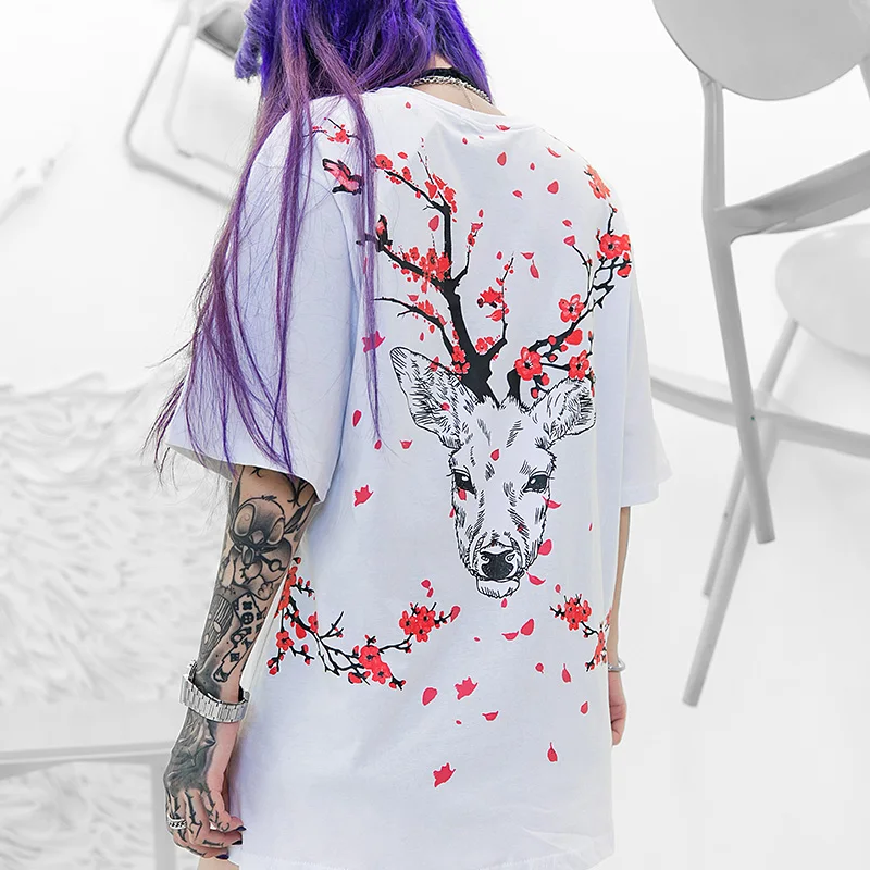 

Deer Plum Printed Women T-shirt Short Sleeve Summer Oversized Tshirts Street Tee Shirts Couple Clothing