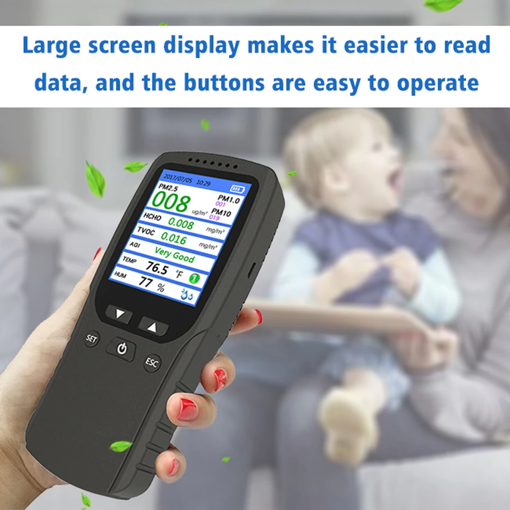 

KKMOON Digital Display High Accuracy PM2.5 PM10 PM1.0 TVOC HCHO Detector Air Quality Analyzer with Thermometer and Hygrometer