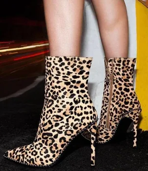 

Fashion Leopard Print Women Ankle Boots 2019 New Arrival Zip Pointed Toe Shoes High Heels Females Party Shoes Pumps size 35-42