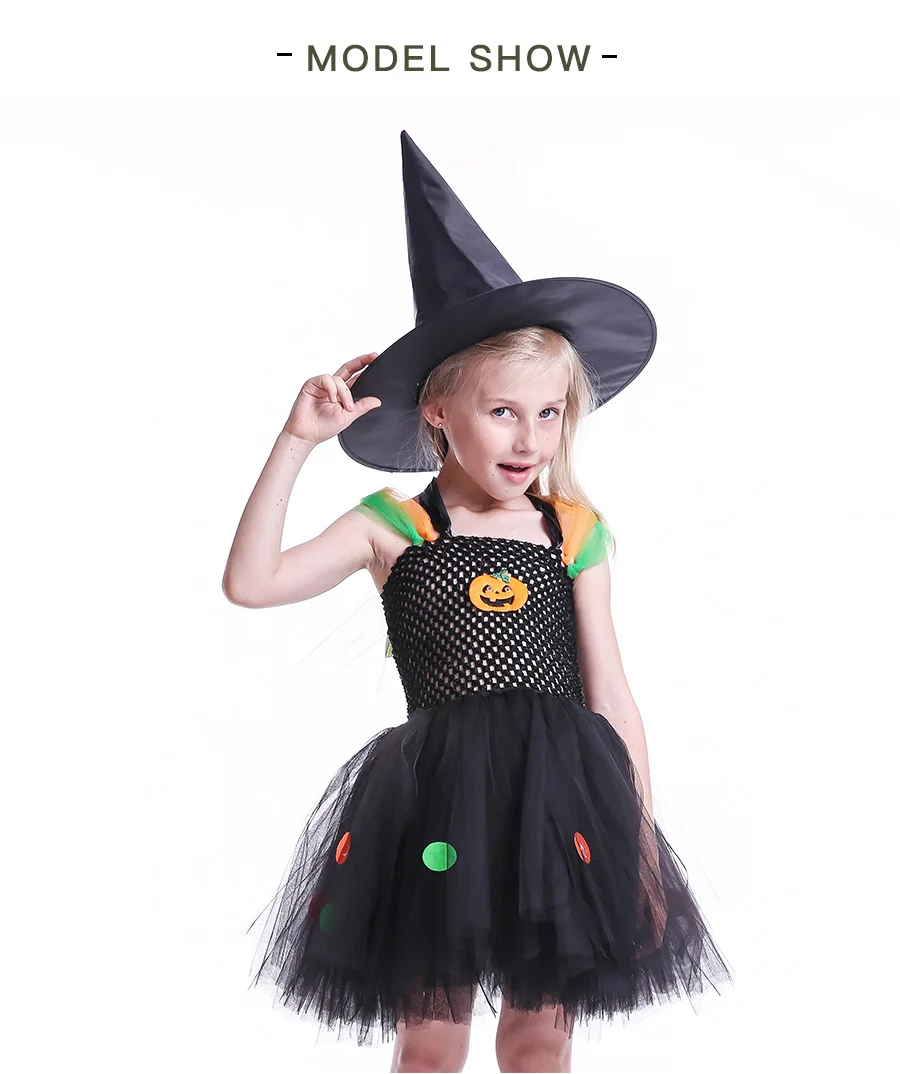 Pumpkin Pattern Girls Halloween Tutu Dress with Witch Hat Colorful Polka Dot Baby Girl Dress Kids Witch Costume Photo Party (5)
