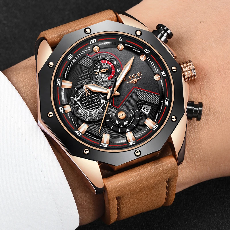 

Relogio Masculino LIGE Mens Watches Top Brand Luxury Leather Quartz Watch Gold Men Fashion Military Waterproof Sport Wristwatch