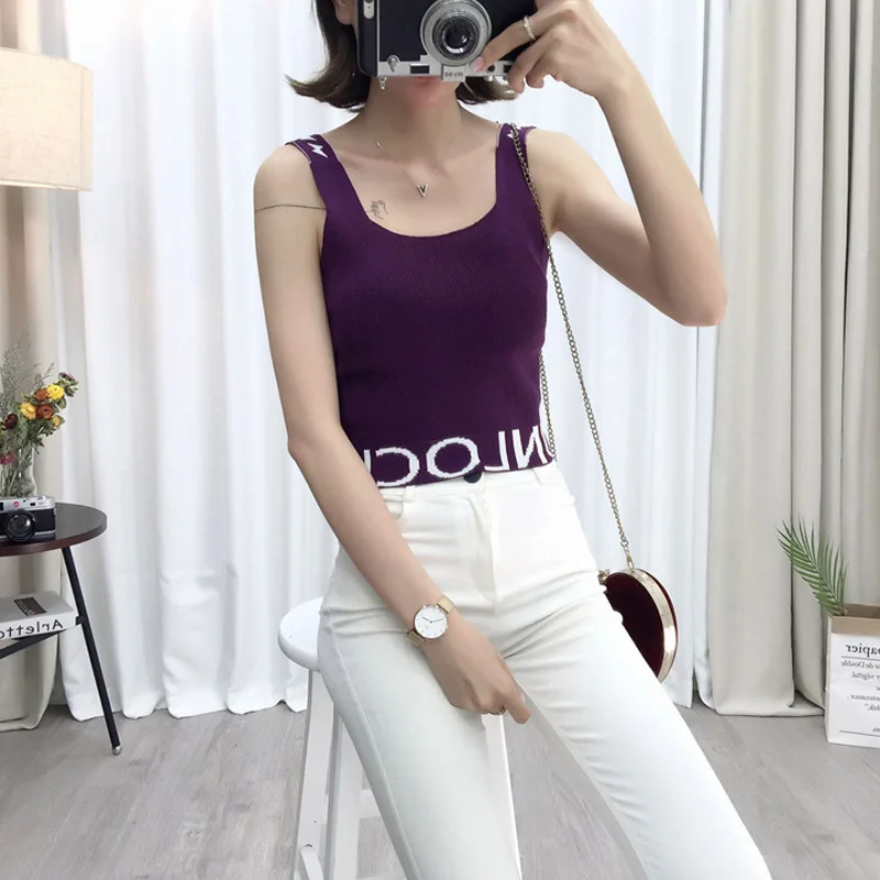 

Fashion Short Tank Top Letter Pattern Print Sling Summer Tops Ladies Casual Knit Camisole Slim Bottoming Vest 2019 New