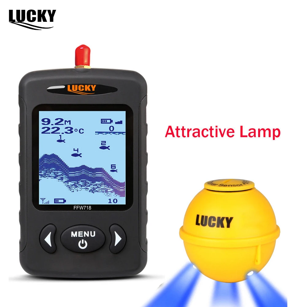 

LUCKY FFW718LA Portable Fishfinder Attractive Lamp 45M/135ft Depth Detection 150M Wireless Sonar Sensor 90 Degrees Grey Black