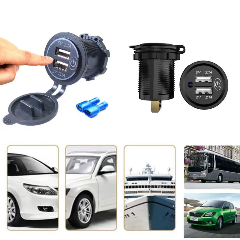 Универсальный 12 V-24 V светодиодный мотоцикл 2.1A Dual USB Зарядное устройство Мощность адаптер розетка с защитой штекеров с сенсорным переключателем для мобильного телефона gps