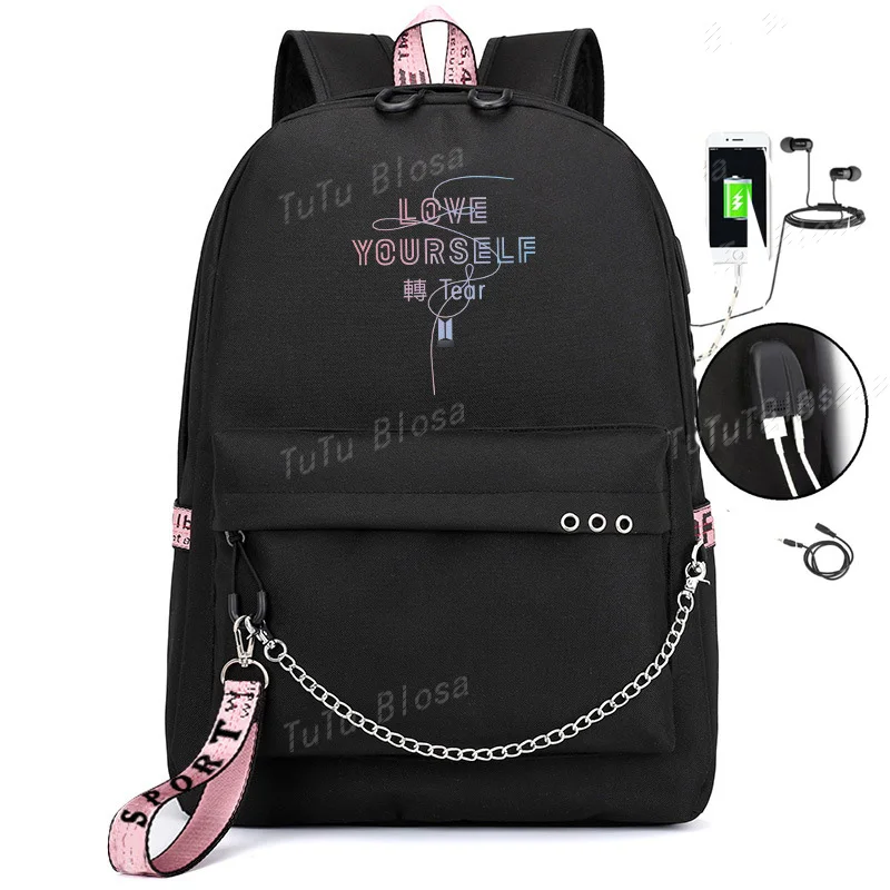 

LOVE YOURSELF Backpack School Bags for Teenage Girls Shoulder Backpack Bags kpop bangtan Rucksack Laptop Chain Backpack with USB