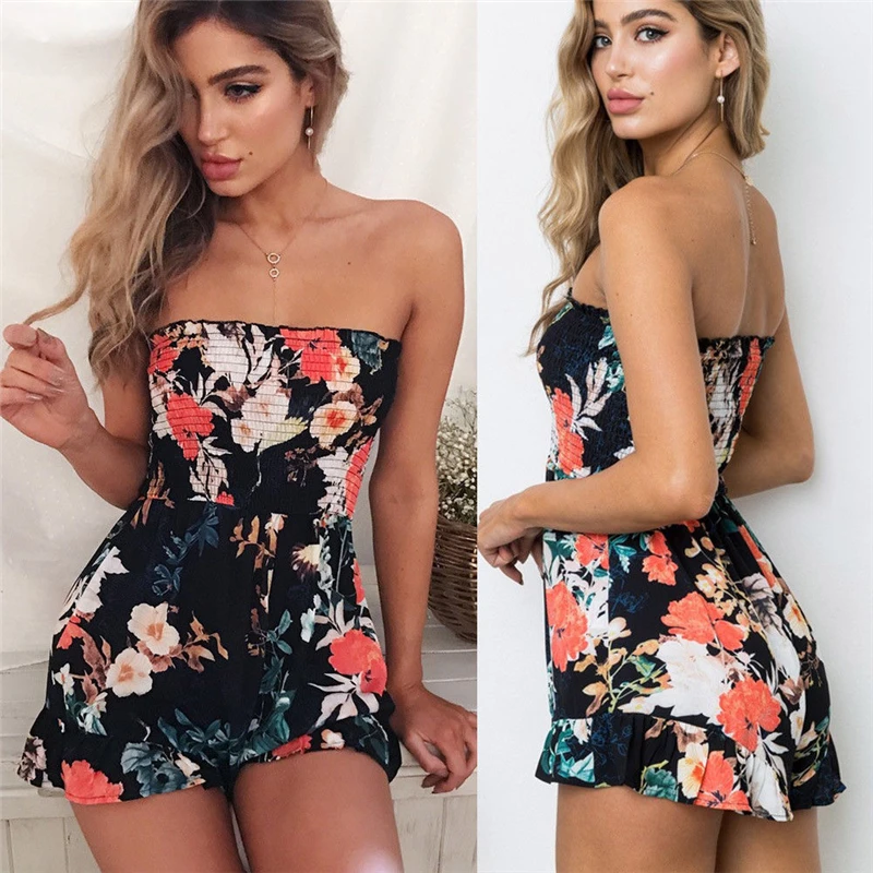 Women Holiday Playsuits Summer Print Short Jumpsuit Romper Bodysuit ...