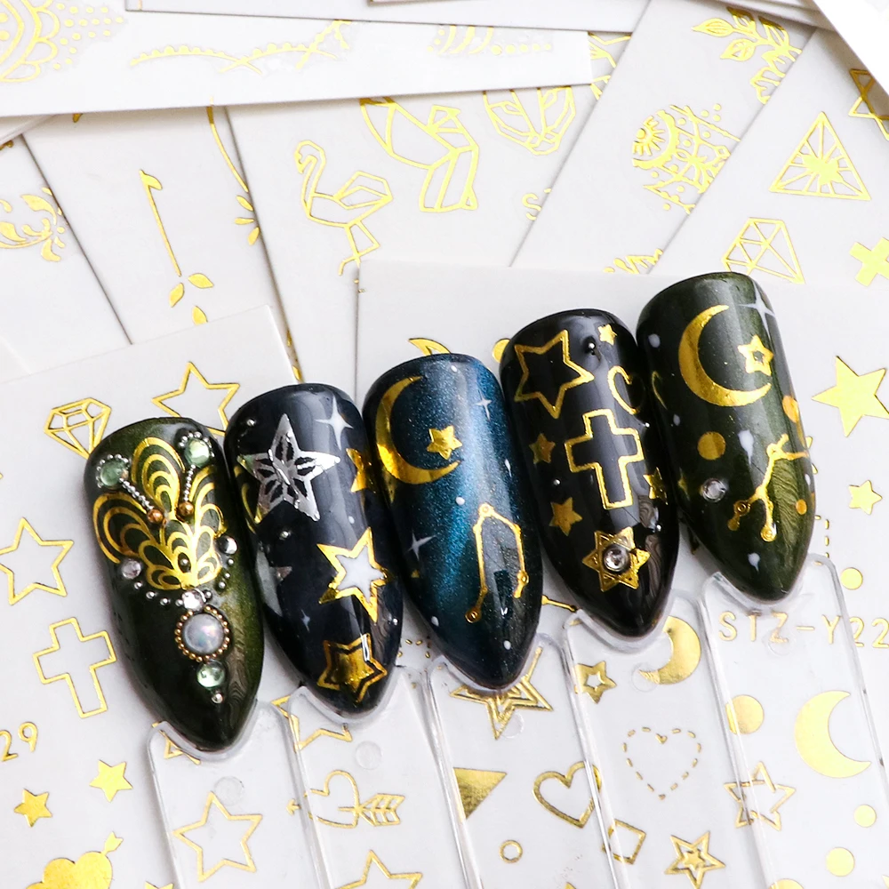 20pcs Water Decals Gold Stickers Nails Galaxy Stars Flower Vine Geometry Animal Tiger Flamingo Watermark Adhesive Sliders BEYY20