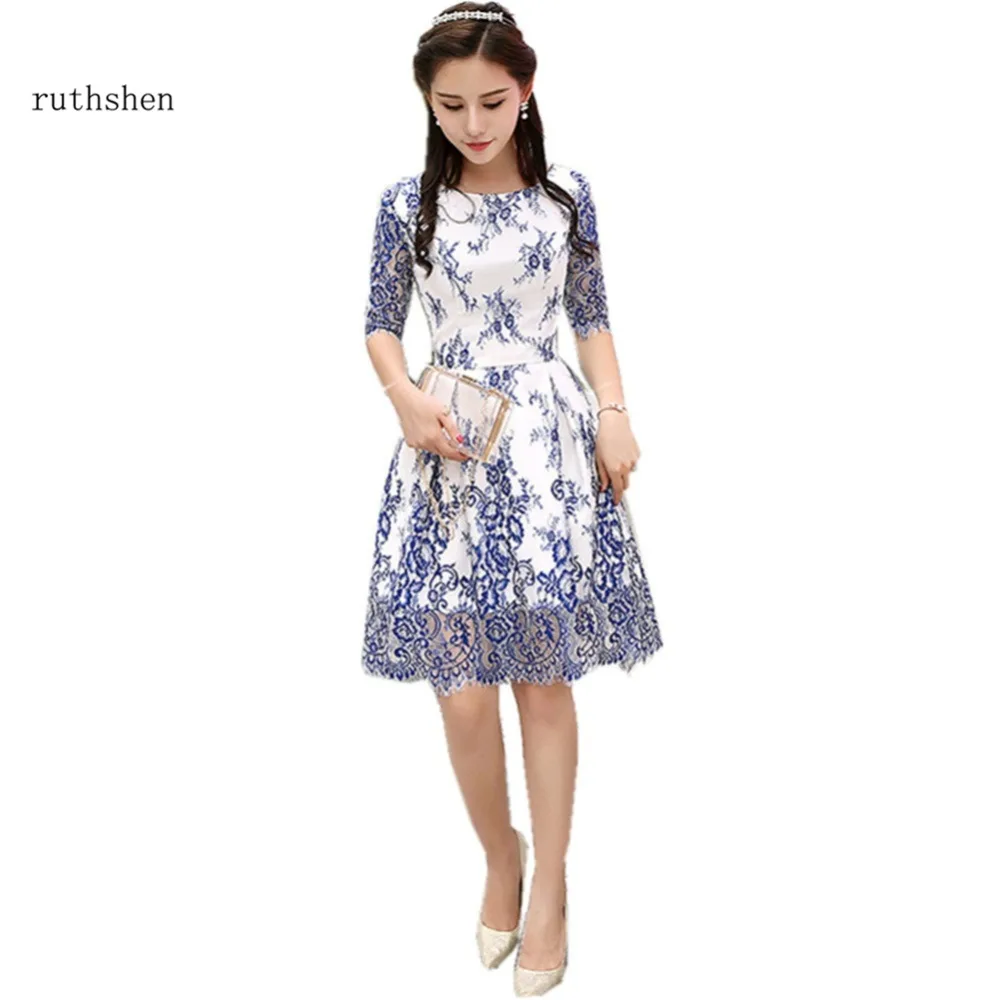 Ruthshen Выпускные платья 2019 с коротким рукавом синие Красные кружевные до колен