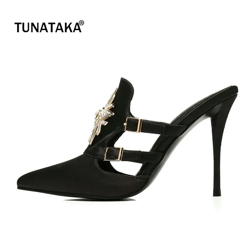 

Silk Thin High Heel Pointed Toe Woman Summer Samdals Fashuin Buckle Dress High Heel Shoes Woman Black Apricot Black Red Green