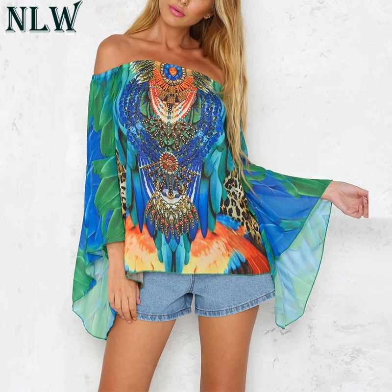 NLW Boho печать с открытыми плечами блузка рубашка расклешенная длинным рукавом
