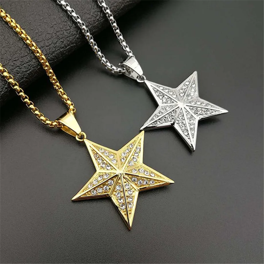 Хип Iced Out Bling Star кулон цепочки и ожерелья для мужчин/для женщин золото Цвет Нержавеющая сталь ожерелье «пентаграмма» золотые украшения T1401