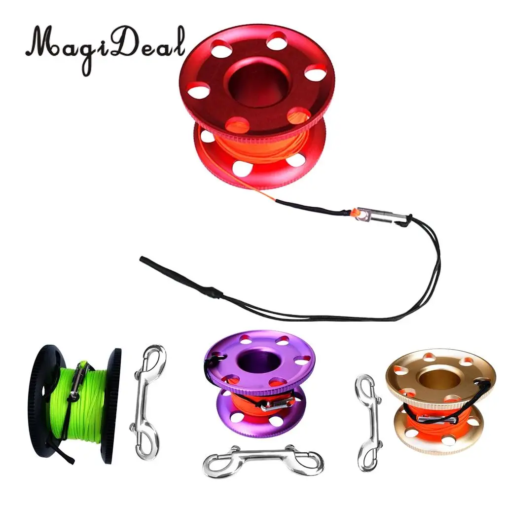 MagiDeal Ultralight Aluminum Alloy Scuba Diving Diver Finger Reel Wreck Cave Tech Spool, Dual End Bolt Snap Clip & 20m/50m Line