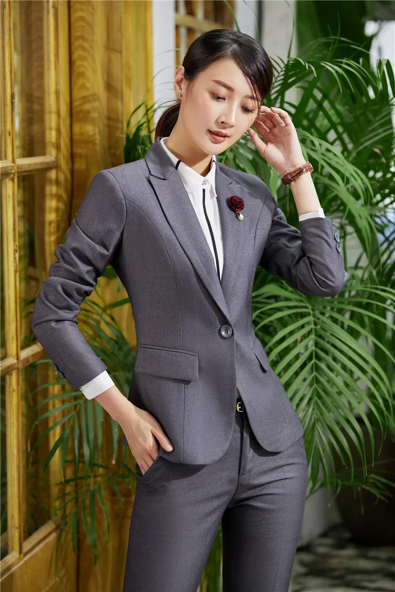 Новые стили Формальные Дамы Серый Блейзер женские деловые костюмы со штанами и курткой наборы офисная форма дизайн