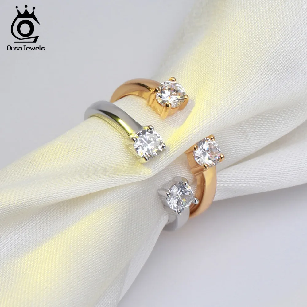 ORSA JEWELS Real 925 Sterling Silver Rings Open Design Silver&Gold Color AAA Zircon Adjustable Ring Party Jewelry For Women SR60