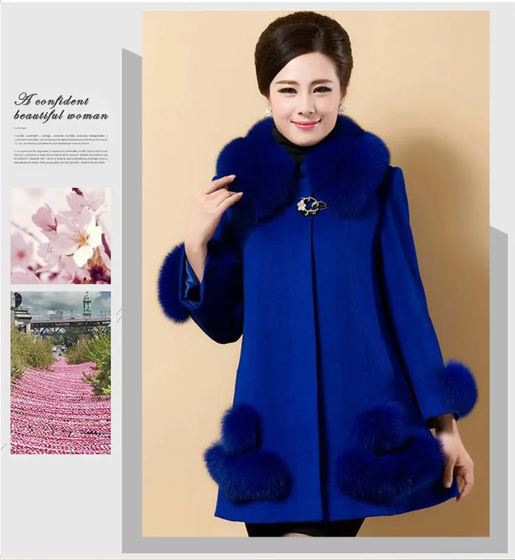 Высококлассное женское осеннее и зимнее кашемировое пальто для женщин среднего возраста с воротником из искусственного лисьего меха, длинное шерстяное пальто большого размера