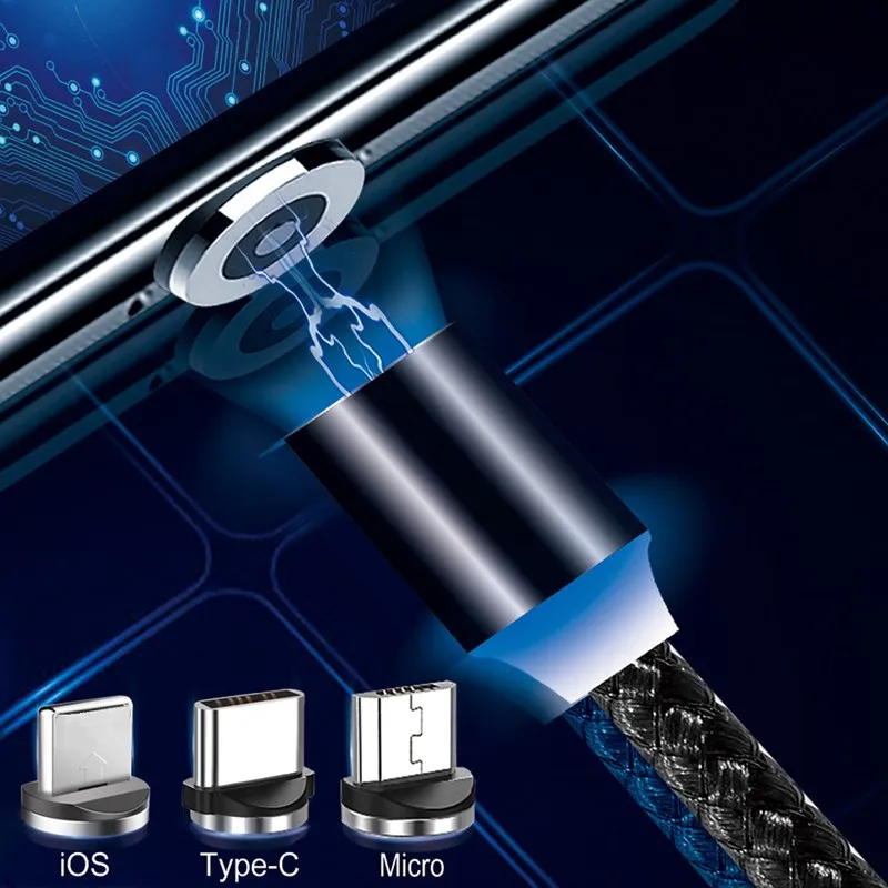Зарядный кабель магнитный Светодиодный Шнур для iPhone Micro USB Type C Samsung Galaxy A30 A50 A70 Huawei