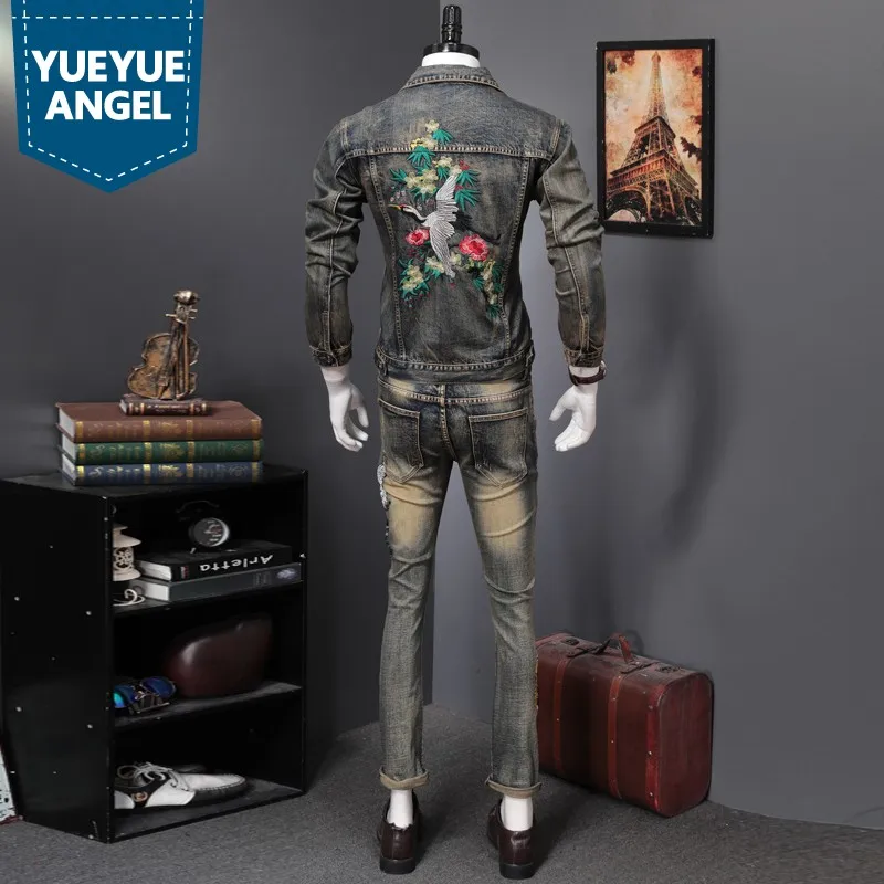 Весенняя Мужская винтажная джинсовая куртка с отложным воротником и принтом, тонкая вышивка, Ковбойское пальто + джинсовые брюки, комплект