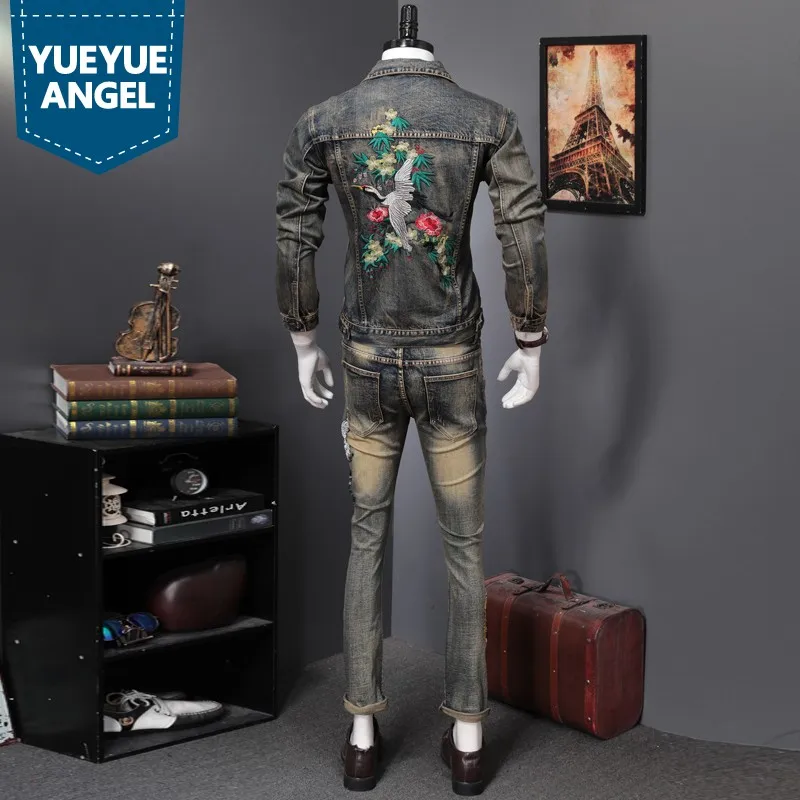 

Spring Men Vintage Printed Turn-down Collar Denim Jacket Slim Embroidery Cowboy Coat + Jeans Pants Two Piece Set Male Streetwear