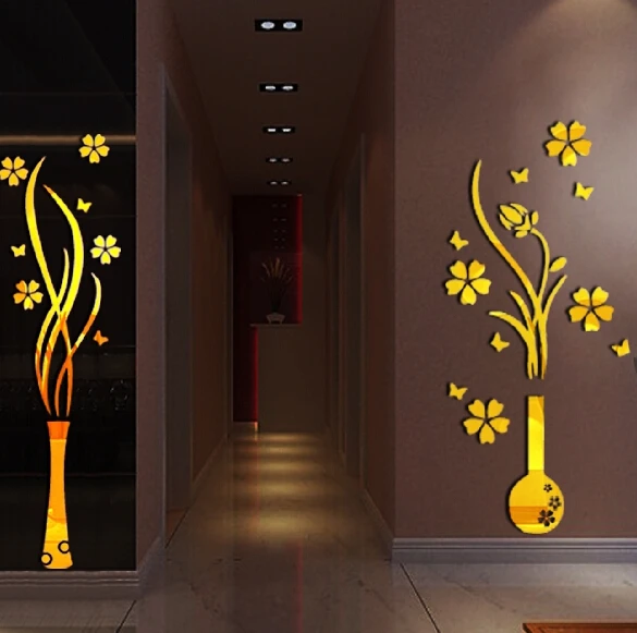 Новая серебряная Золотая зеркальная Настенная Наклейка s гостиная вход домашний декор на стену зеркало Цветочная ваза Слива акриловое зеркало 3d наклейка