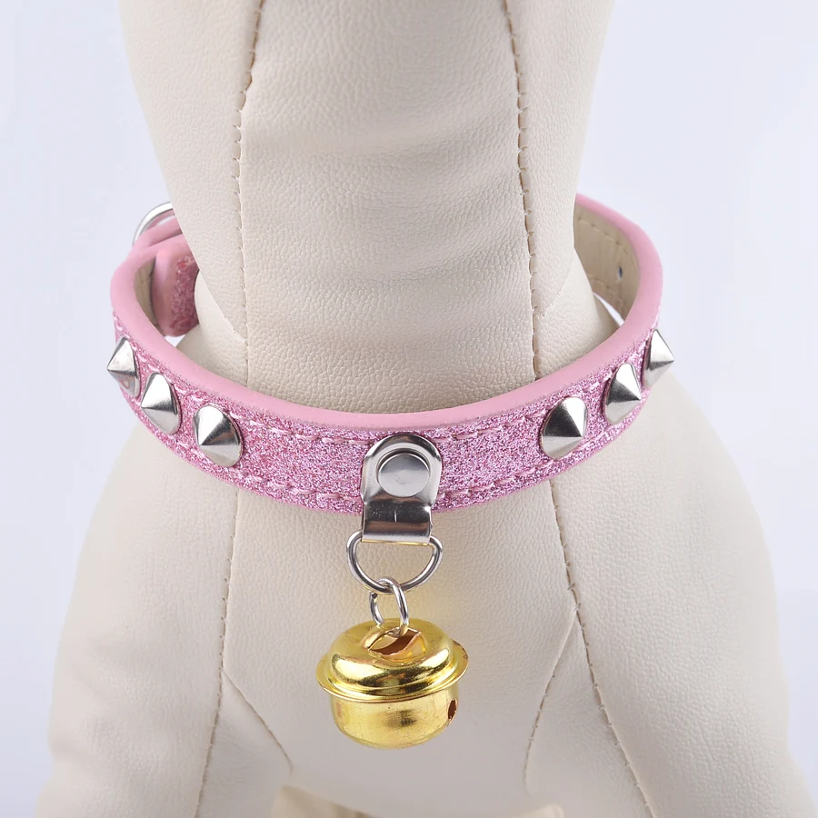 Glitter Pu Leather Dog Collar with Gold Bell Spiked Studded Collars For Small Dogs Puppy Pet Neck Strap 5Colors | Дом и сад