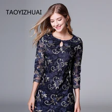TAOYIZHUAI 2019 New Arrival Spring Vintage Short and Three Quarter Publish Blue Plus Size L Embroidery Lace Women Dress 11654