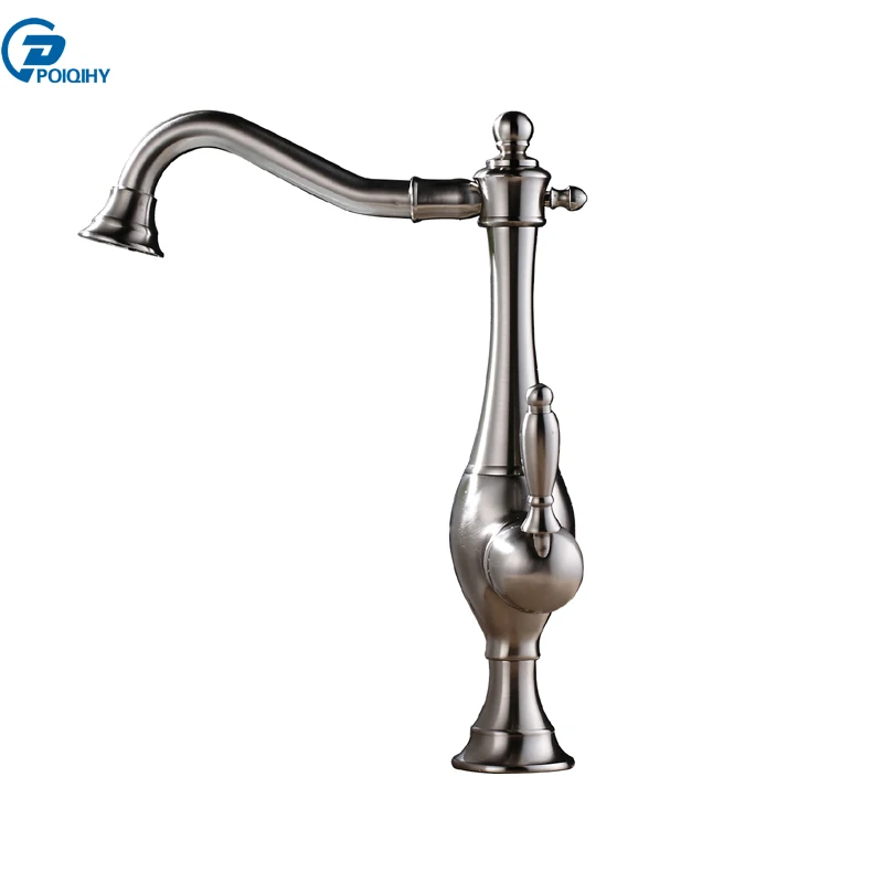

POIQIHY Brushed nickle basin faucet long spout deck mounted single handle single hole mixer tap