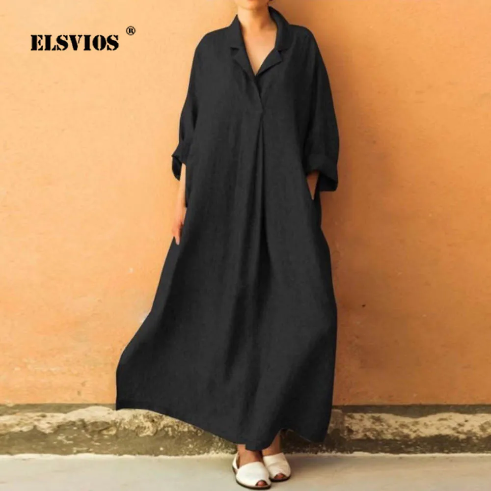 

ELSVIOS plus size Elegant Loose shirt long dress women Soft Cotton Linen long sleeve dress 2019 summer Casual Solid Pocket Dress