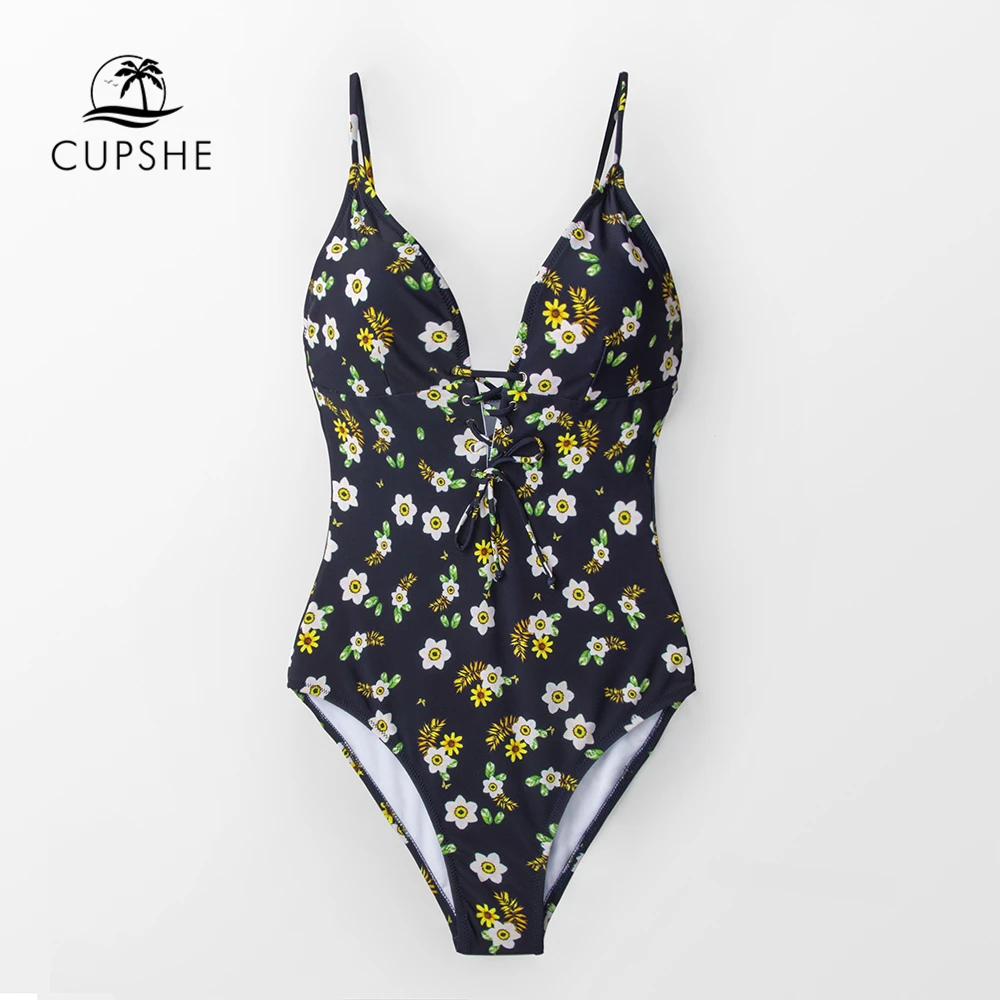 Billige CUPSHE Floral Print Lace Up Einteiliges Badeanzug Frauen Sexy Push Up Monokini 2020 Mädchen Boho Strand Bade anzüge Bademode