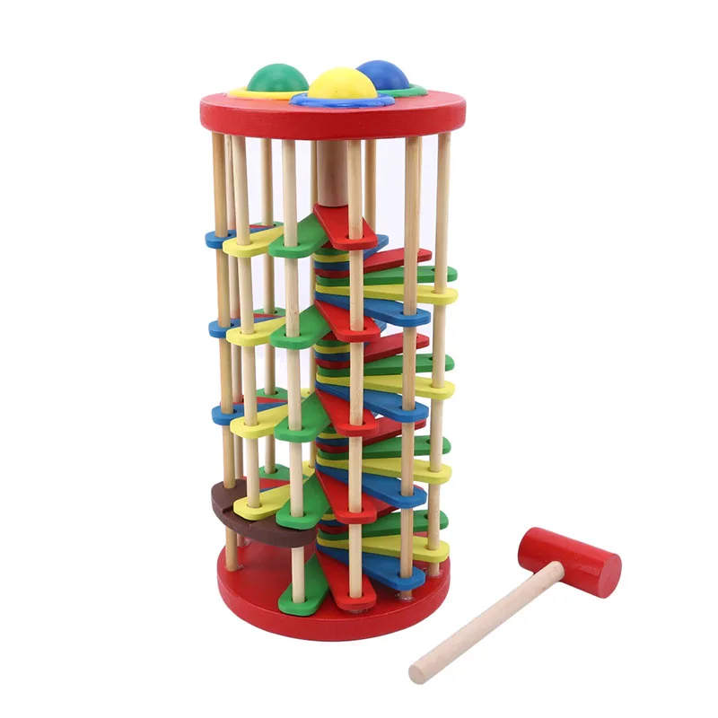 Ball Roll Off Ladder Pound And Roll Wooden Tower With Hammer Learning Toys LC 