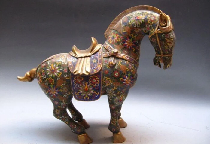 

150624 S2090 China Regius Vintage Pure Bronze Handwork cloisonne enamel Lucky Horse Statue