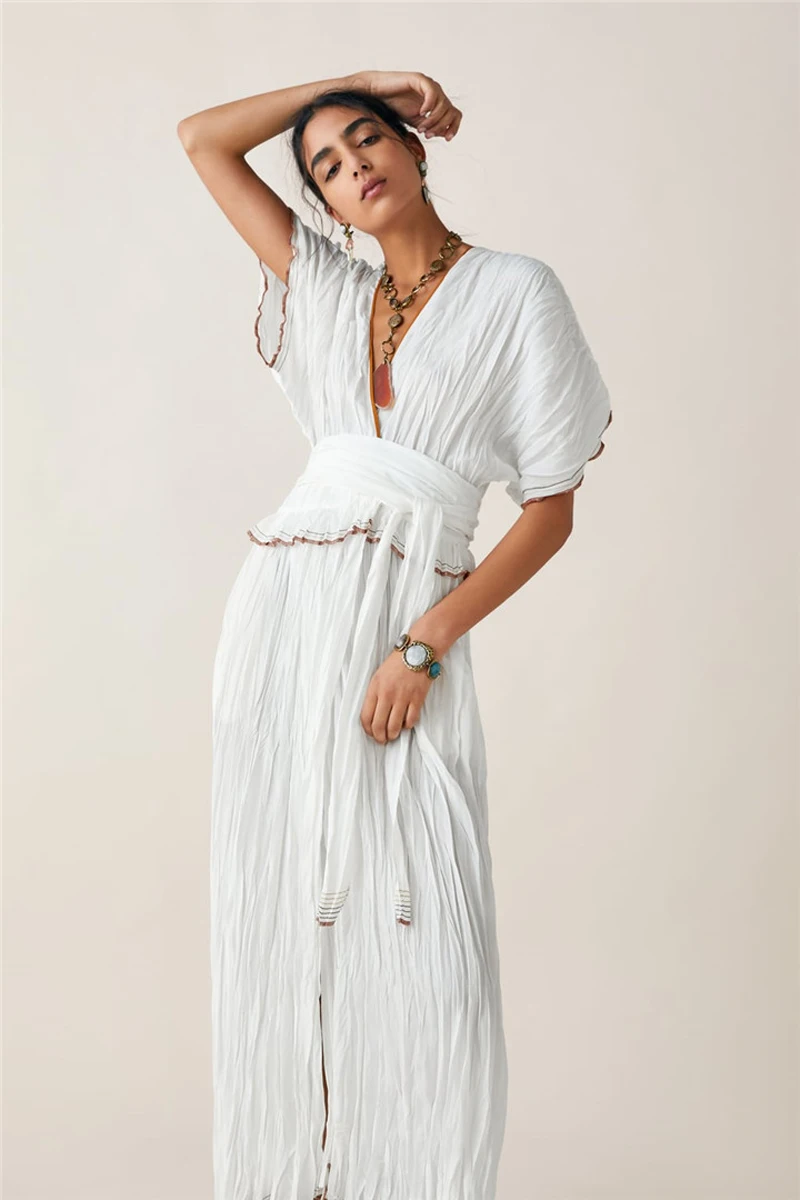 Boho Летнее платье с v-образным вырезом Белое Женское платье с длинным рукавом повседневное хлопковое контрастное платье с отделкой для отдыха с высокой талией Vestidos новинка