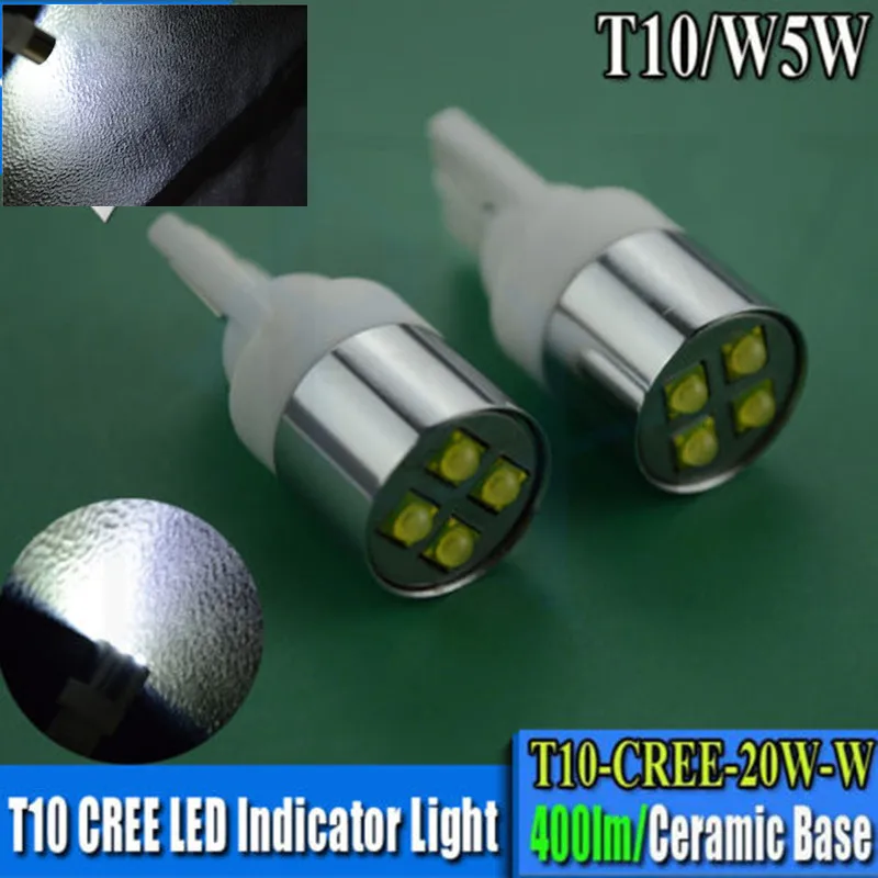 

4Pcs High Quality Long Life! T10 501 W5W 4 CREE Chips 20W 400Lms Car LED Ceramic Wedge Side Reading Bulb Door Lamp A\DC12V White