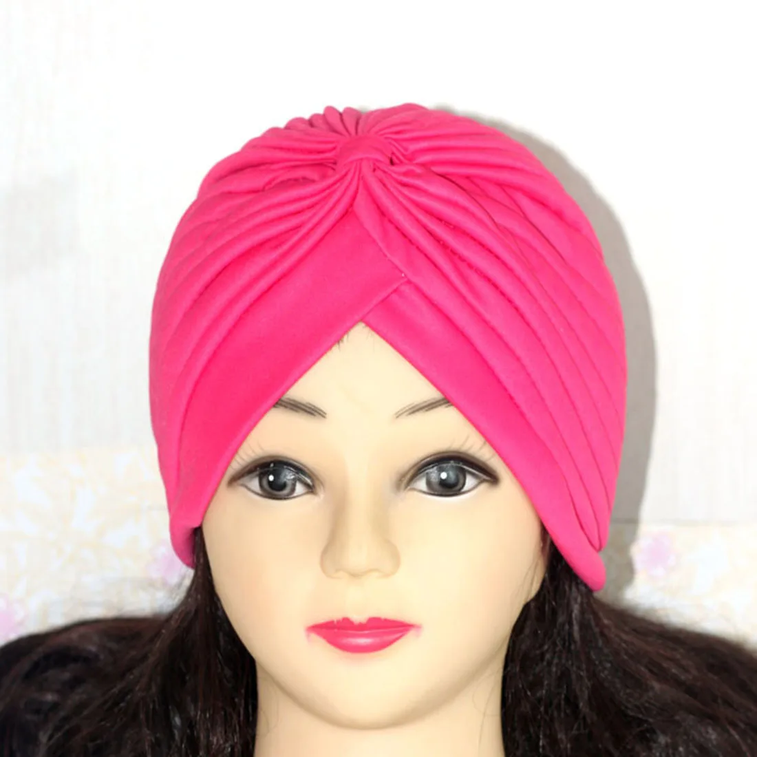 Bandanas Women Stretchy Turban Muslim Hat Headband Warp Female Chemo Hijab Knotted Indian Cap Adult Head Wrap for Women - Цвет: Розово-красный