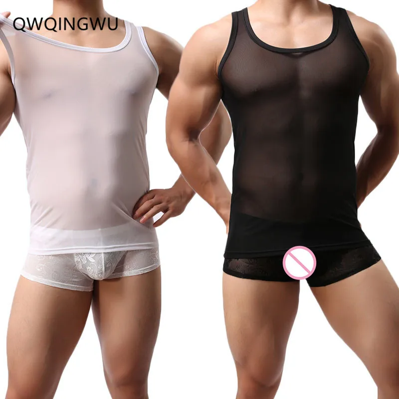 2PCS(Only Tops) 2 шт Для мужчин майка, борцовка быстросохнущая Прозрачный нейлон Летние футболки сетки мужская Нижняя майка без рукавов пижамы нижнее белье - Цвет: 2PCS(Only Tops)