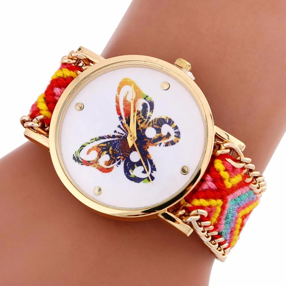 Для женщин разноцветный рисунок с изображением бабочек кварцевые часы relogio feminino аналоговые женские вязка ремень saatler Повседневное ClockB40