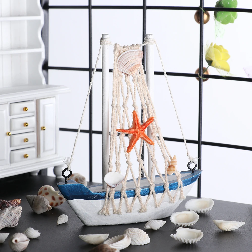 

1PC Marine Nautical Wooden Blue Sailing Boat Ship Wood Crafts Ornaments Vintage Mediterranean Style Party Home Room Decoration