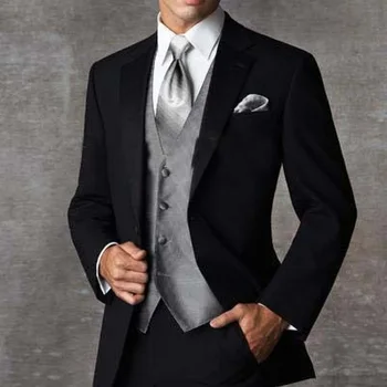 

Three Piece Black Groom Wedding Txuedos Notched Lapel Business Party Men Suits Set (Jacket + Gray Vest + Pants)